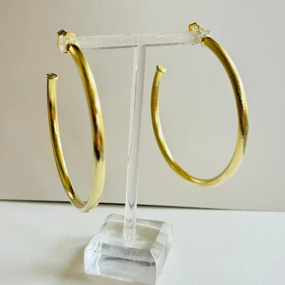 Sheila Fajl Arlene Hoop Earrings dangle Post 14k Gold plated Brushed Metal 2.5"L